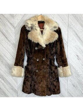 Vintage 70s Penny Lane Coat Womens Small Brown Plush Faux Fur Trim Boho Hippie